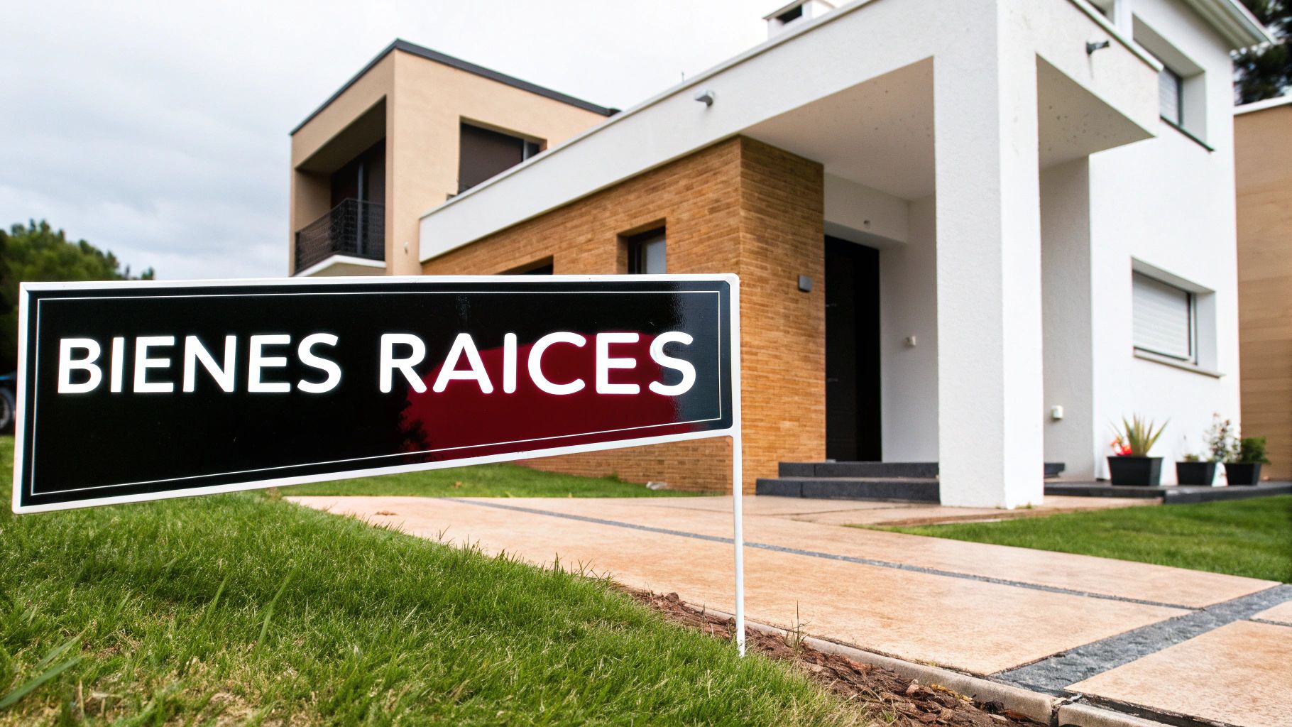 Letrero de bienes raíces frente a casa moderna en venta con fachada contemporánea