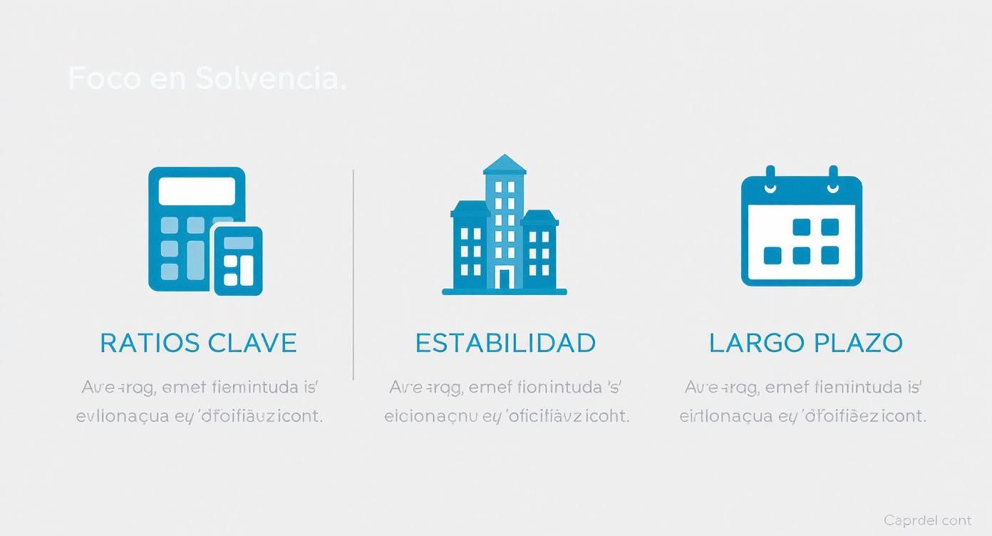 Imagen que ilustra el foco en la solvencia con iconos de calculadora, edificios y calendario, representando ratios clave, estabilidad y largo plazo.