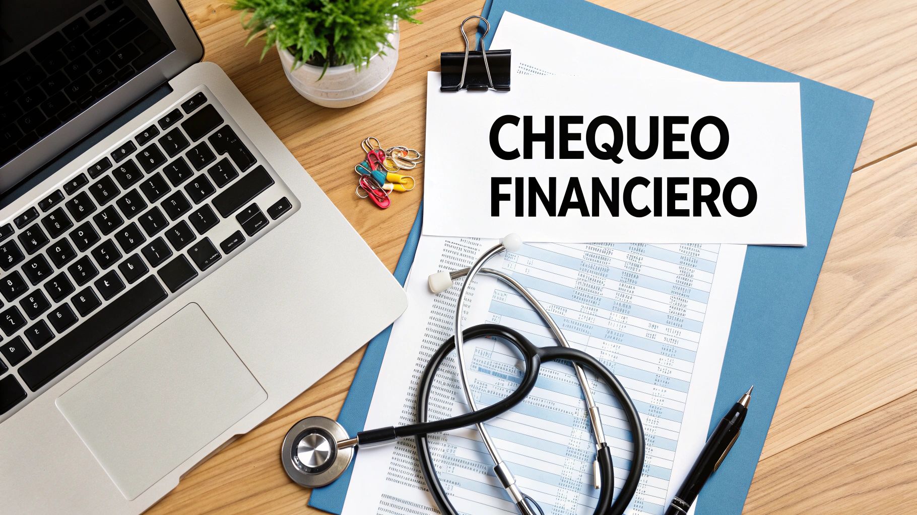 Escritorio de madera con laptop, estetoscopio, documentos financieros y el texto 'CHEQUEO FINANCIERO'.