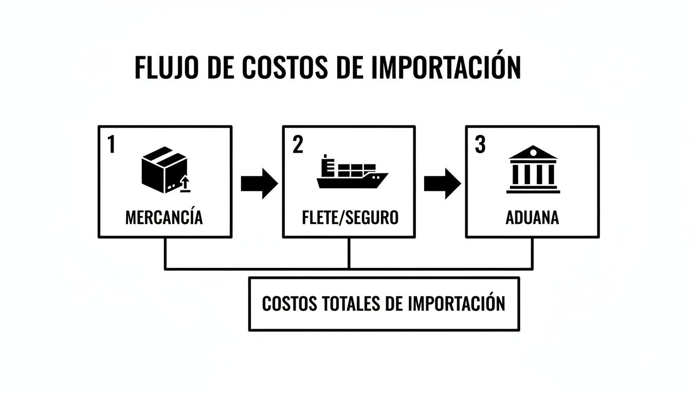 Diagrama que ilustra el flujo de costos de importación: mercancía, flete/seguro y aduana, conduciendo a los costos totales.
