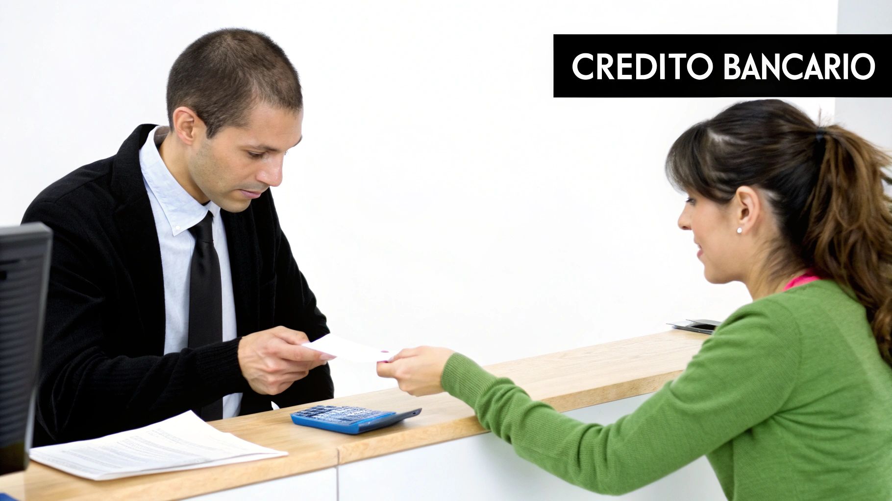 Empleado bancario entregando documentos de crédito bancario a clienta en oficina financiera