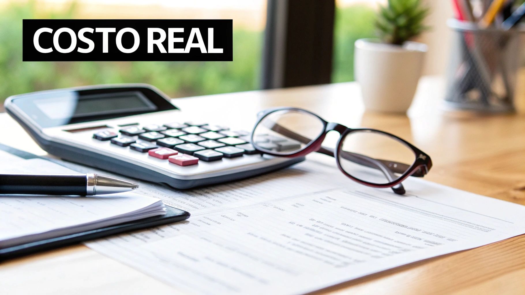 Calculadora, anteojos y documentos sobre escritorio representando el cálculo del costo real de créditos empresariales