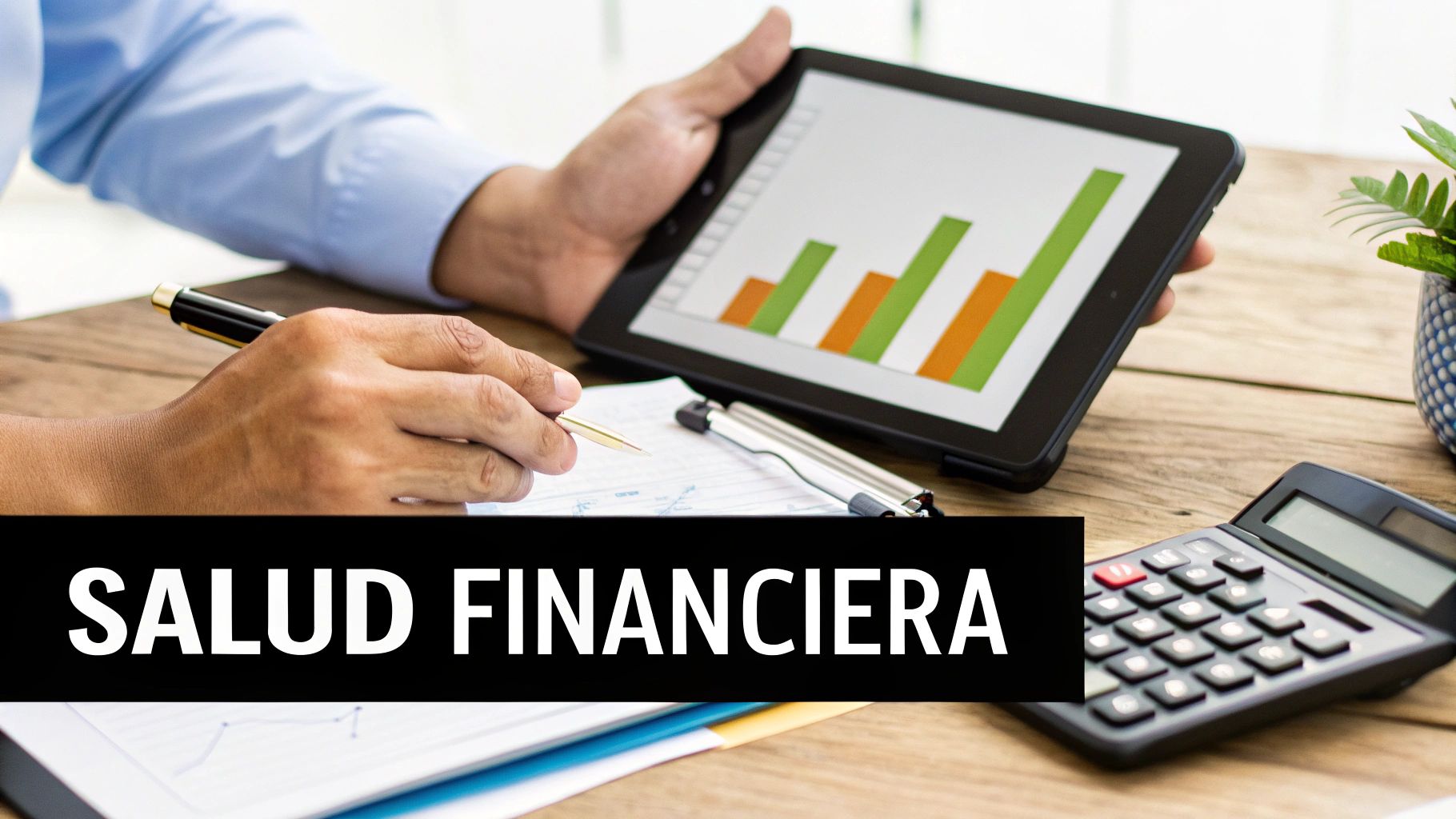 Persona analizando gráficos financieros en tablet con calculadora mostrando salud financiera empresarial