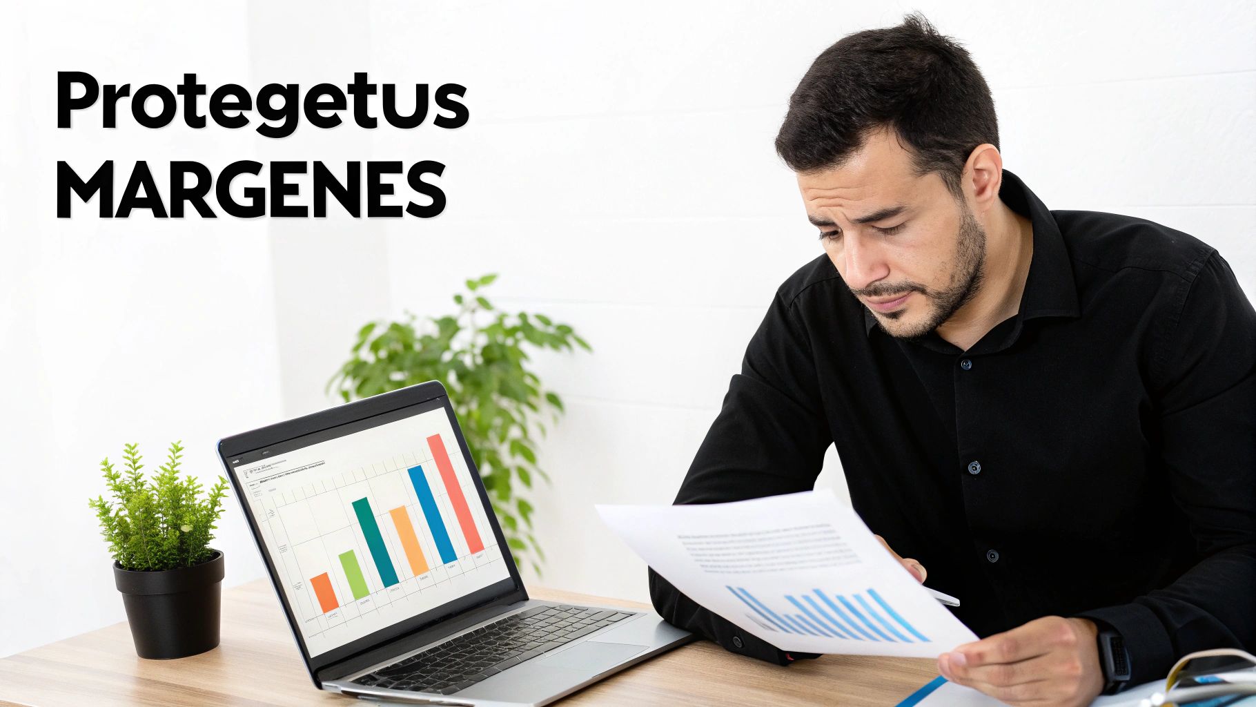 Hombre concentrado analizando documentos y gráficos en su escritorio con un portátil.