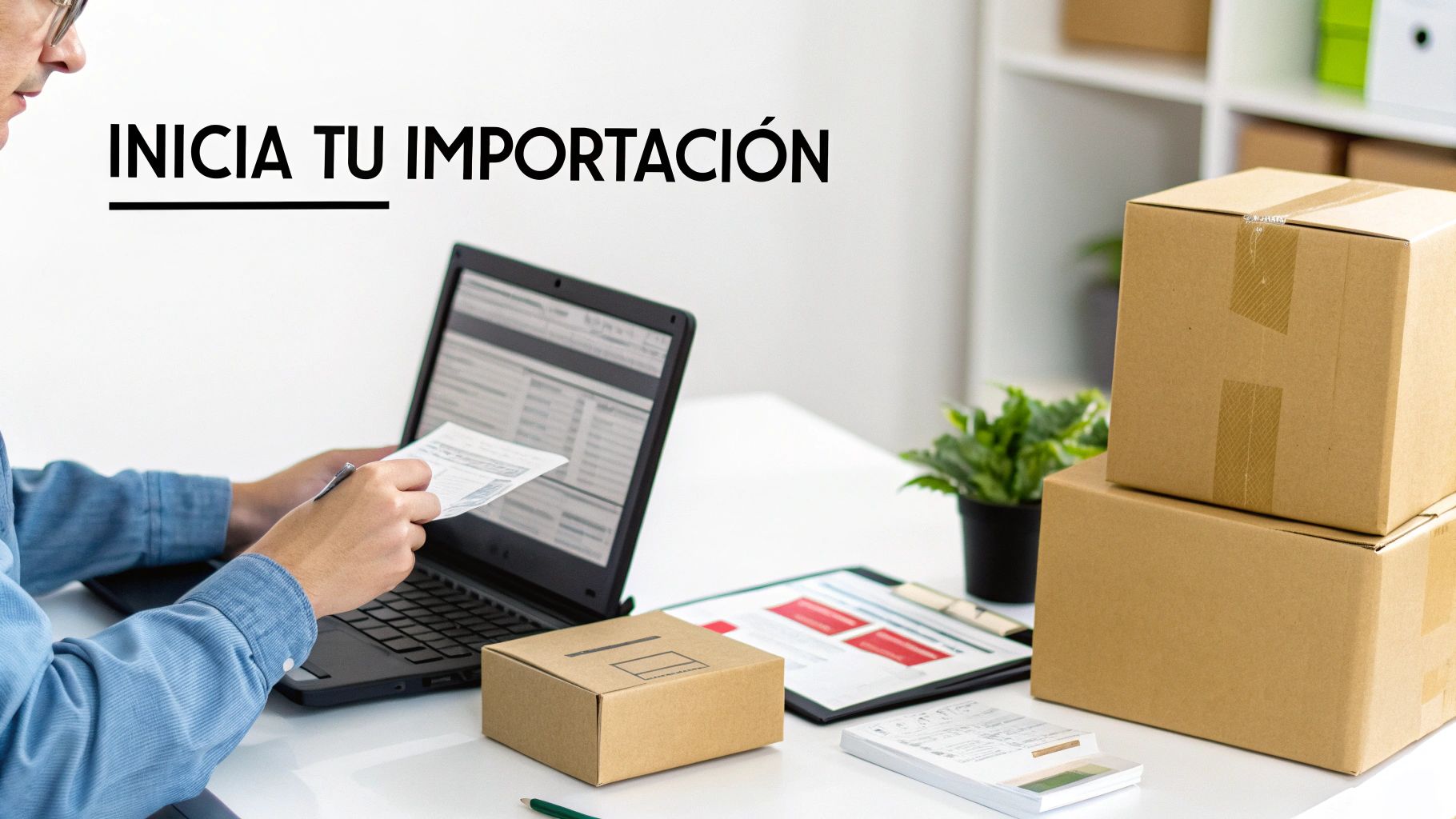 Hombre en oficina con laptop y cajas, gestionando documentos para iniciar tu importación.