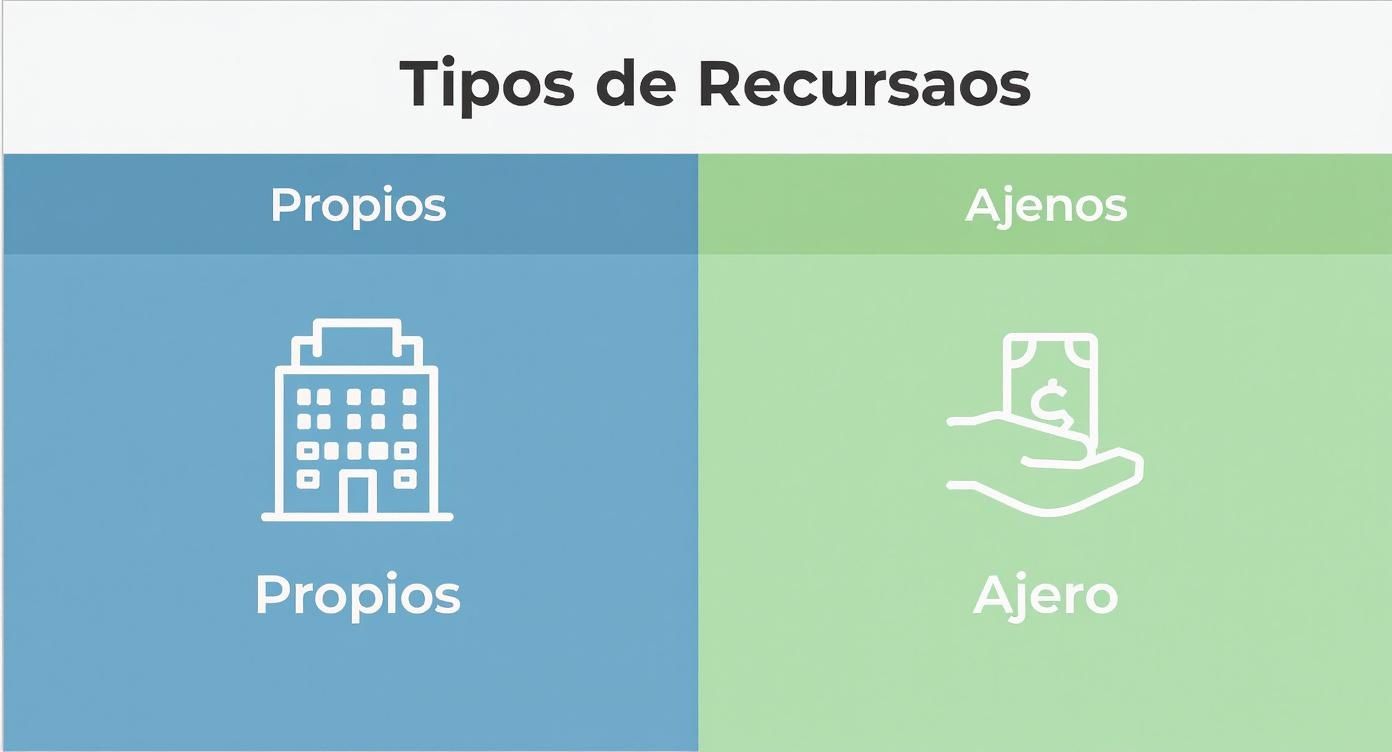 Diagrama mostrando tipos de recursos: propios representados con edificio y ajenos representados con dinero en mano