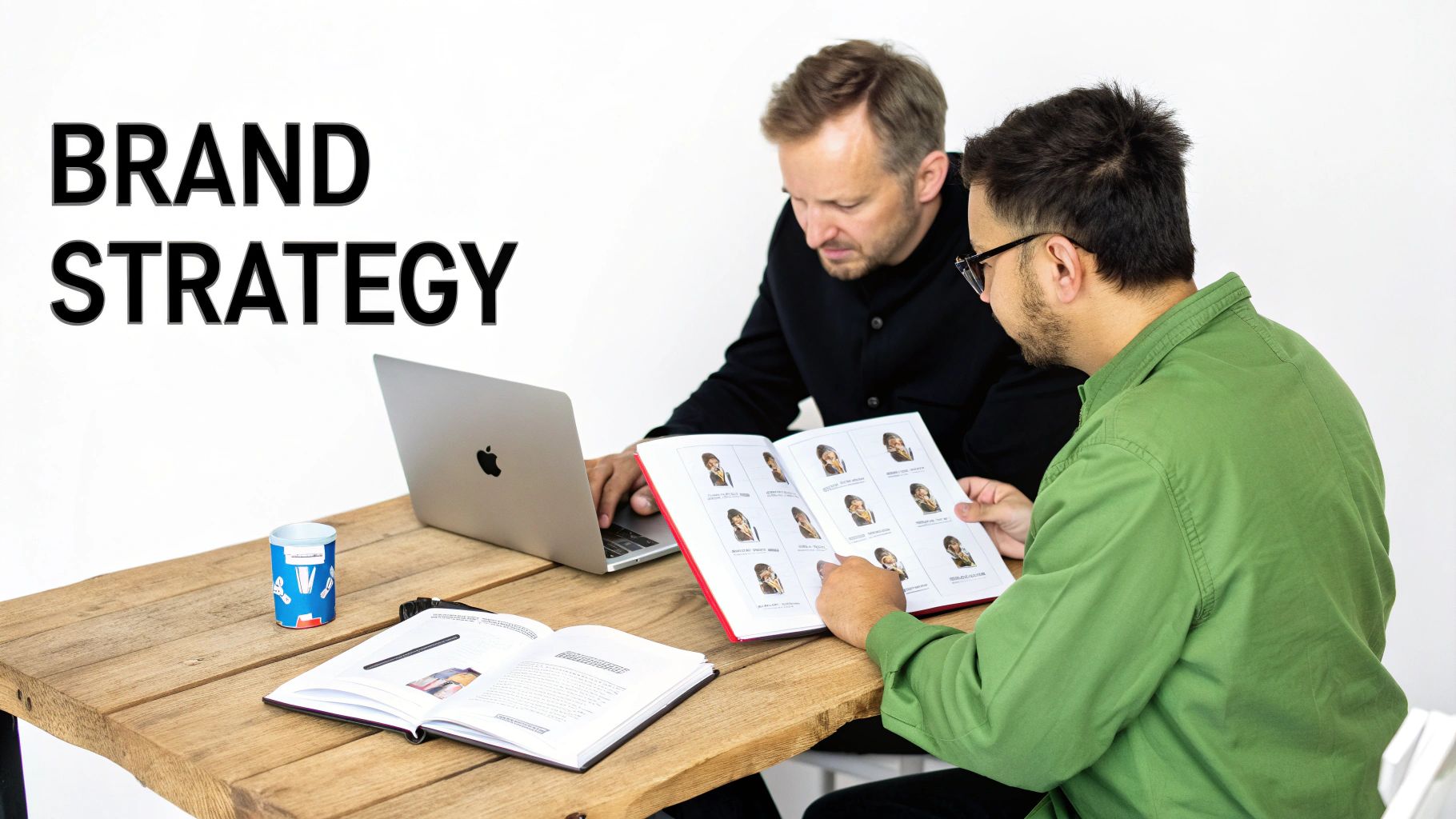 Two professionals collaborating on brand strategy, looking at a laptop and a book with people's portraits.
