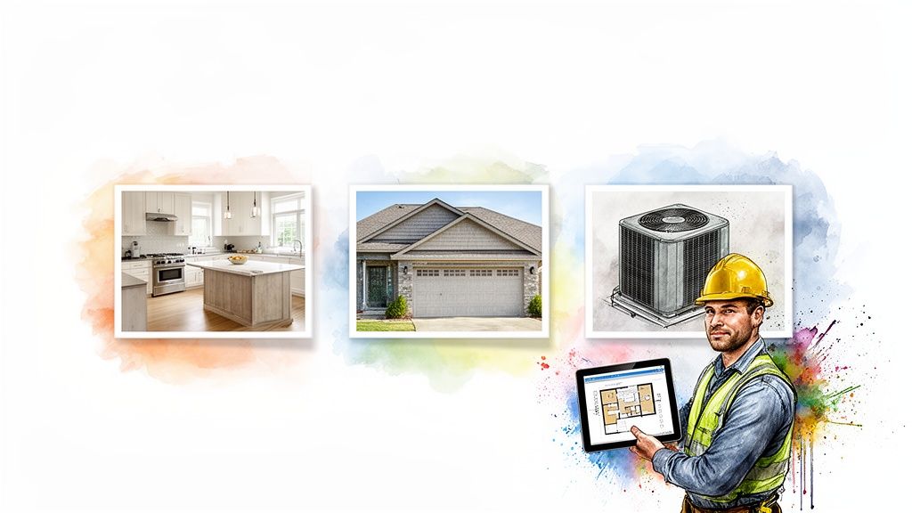 A contractor holding a tablet with a floor plan, surrounded by images of a kitchen, house, and HVAC unit.