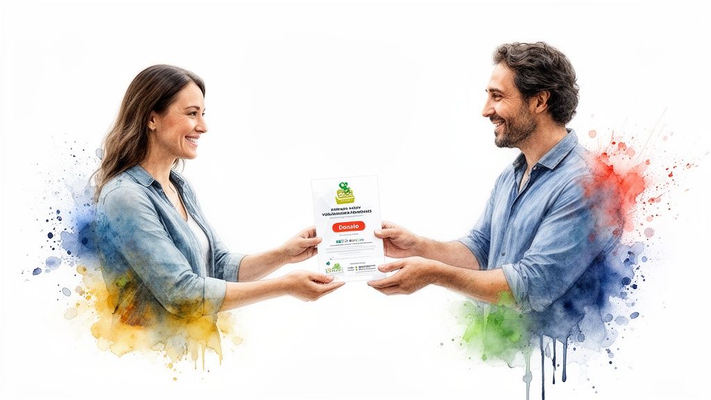Smiling man and woman exchanging a donation document for a nonprofit, with colorful watercolor accents.