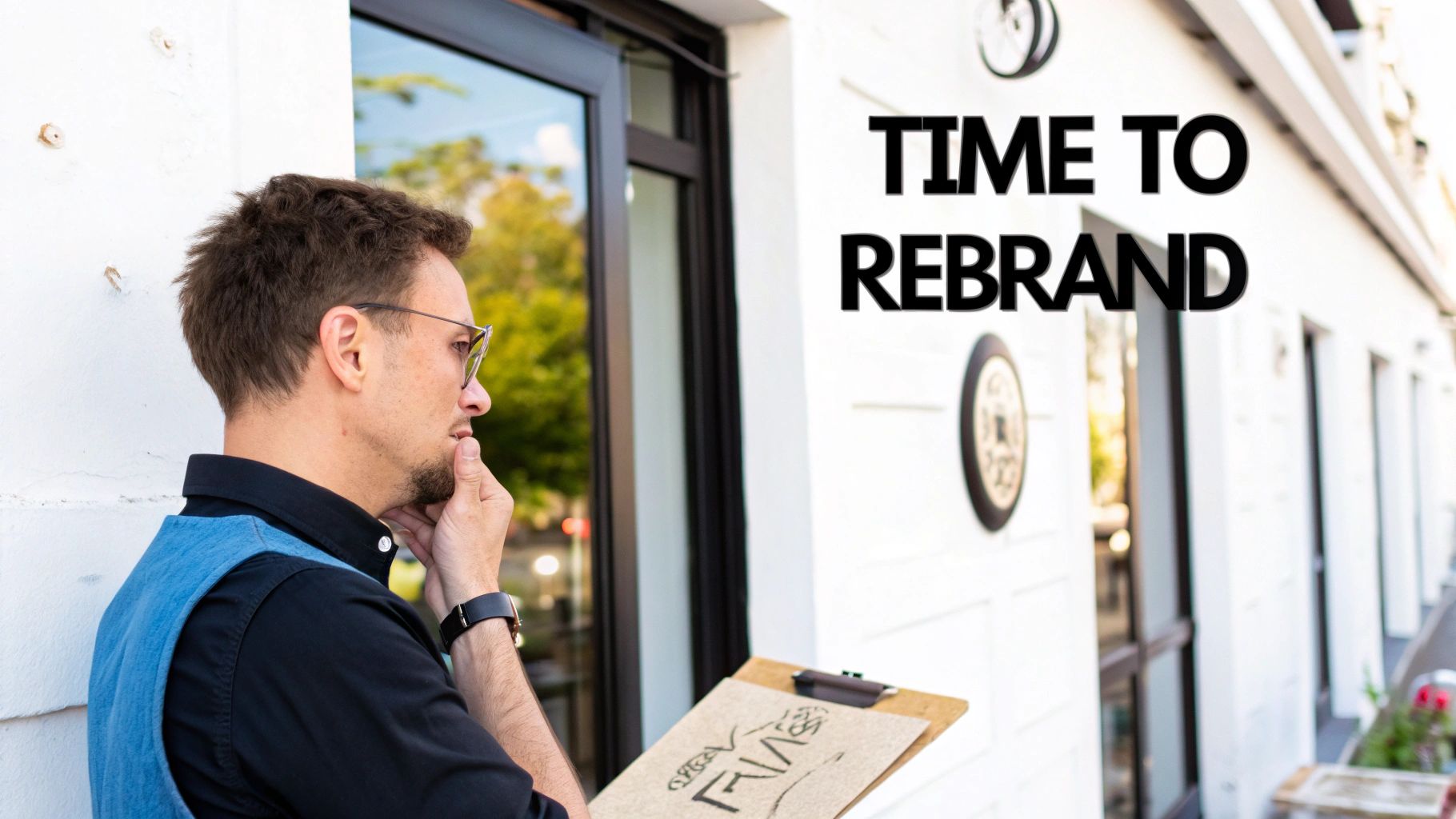 A man in glasses contemplates while holding a clipboard, standing next to a wall with "TIME TO REBRAND" text.