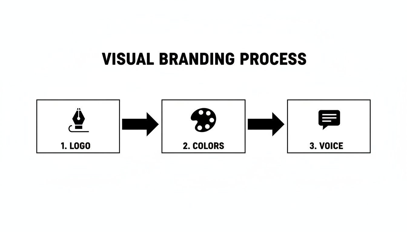 A visual branding process flowchart showing three steps: 1. Logo, 2. Colors, 3. Voice.