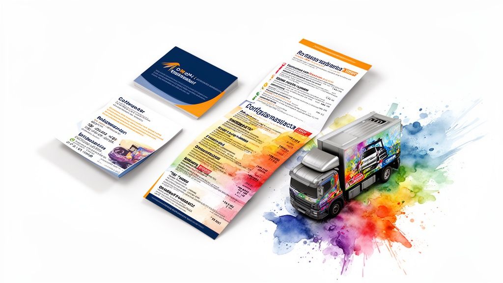 Examples of print design with business cards, folded brochures, and a branded delivery truck.