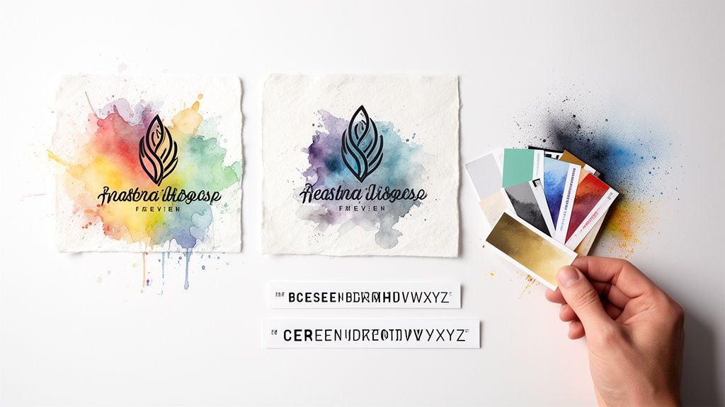 A creative branding display showing two watercolor logo designs, color palettes, and typography samples on a white surface.