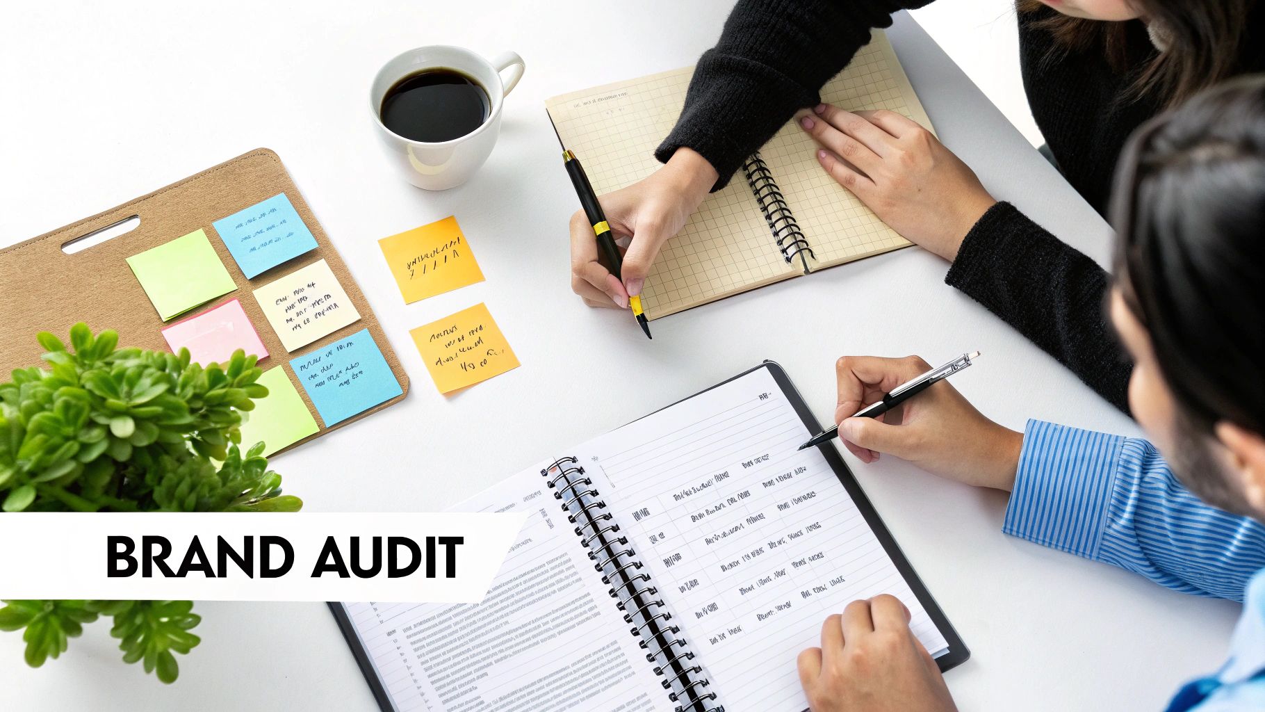 Two people collaborating on a brand audit, writing in notebooks with sticky notes and coffee.