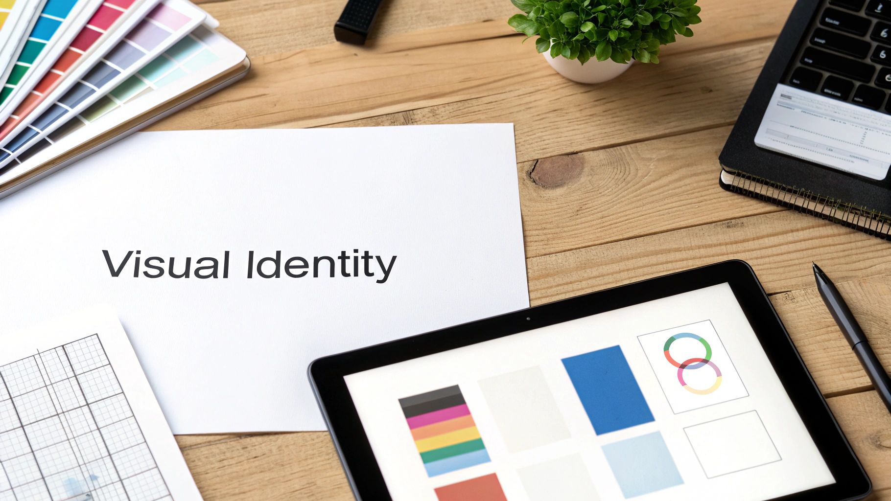 A top-down view of a designer's desk with 'Visual Identity' text, color palette, and design tablet.