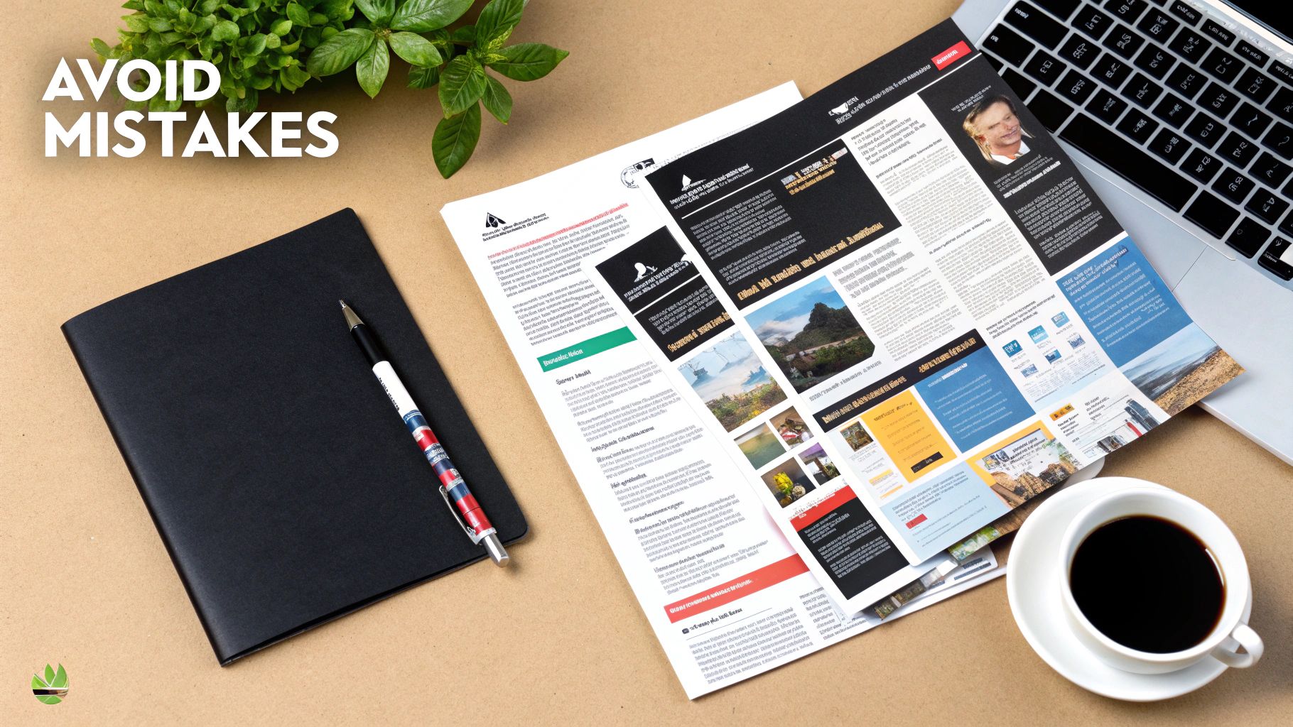 Flat lay of a desk with a notebook, pen, documents, laptop, coffee, and plants, with 'AVOID MISTAKES' text.