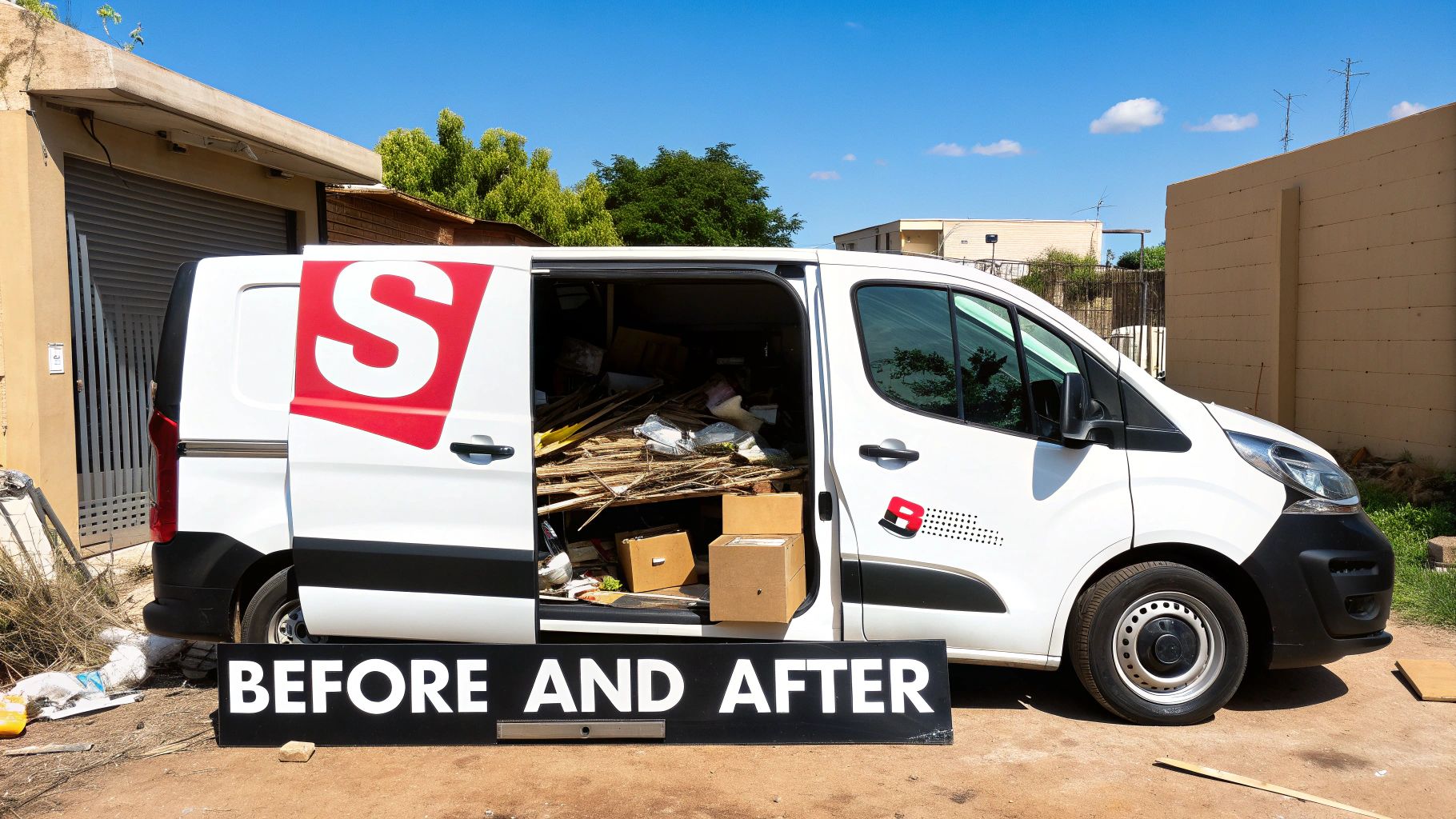 White van with open side door revealing a load of scrap wood and boxes, parked next to a 'BEFORE AND AFTER' sign.