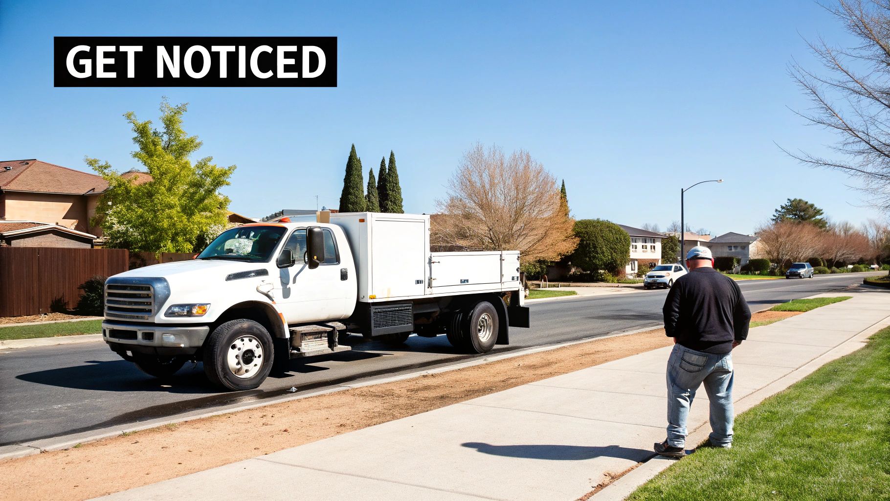 White utility truck drives past a man on a sidewalk in a sunny residential neighborhood, with 'GET NOTICED' text.
