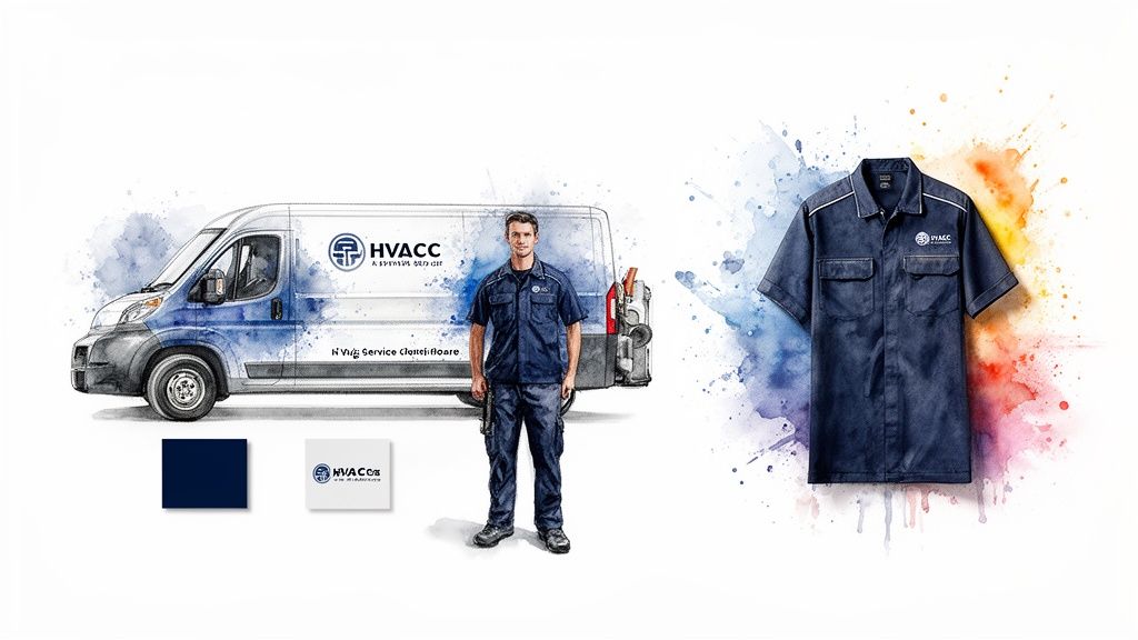 HVAC company branding kit showcasing a service van, uniformed technician, work shirt, color swatch, and logo design.