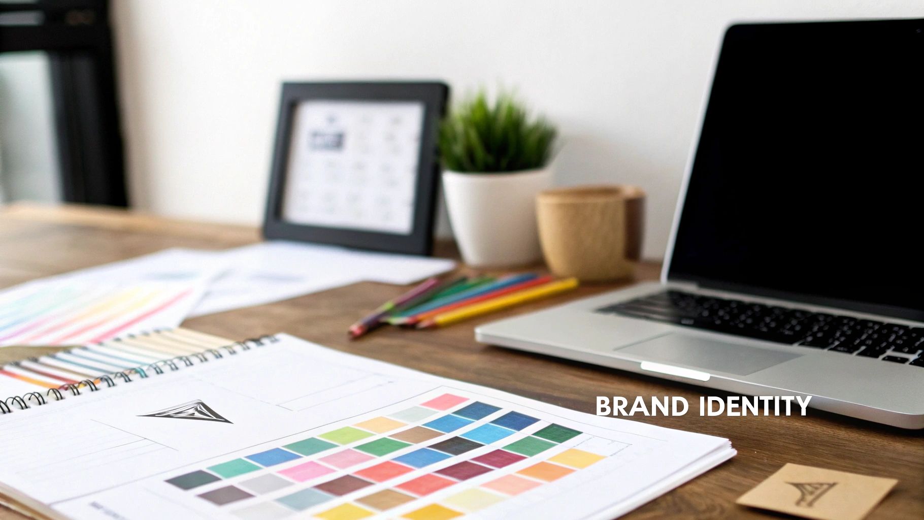 A creative desk setup with a notebook showing a brand logo and color palettes, alongside a laptop.