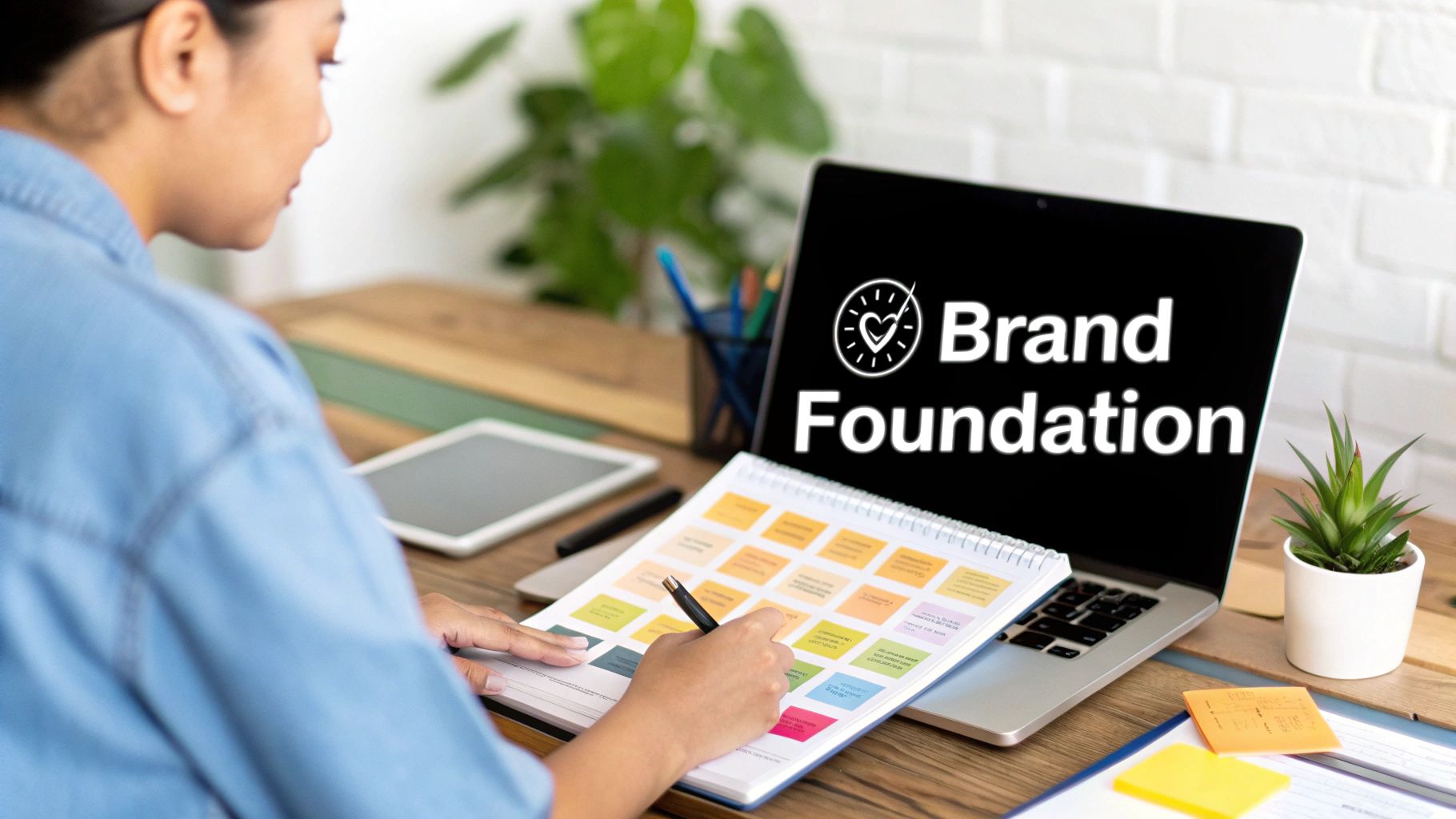 A person developing brand strategy, looking at a laptop displaying 'Brand Foundation' and writing in a notebook.