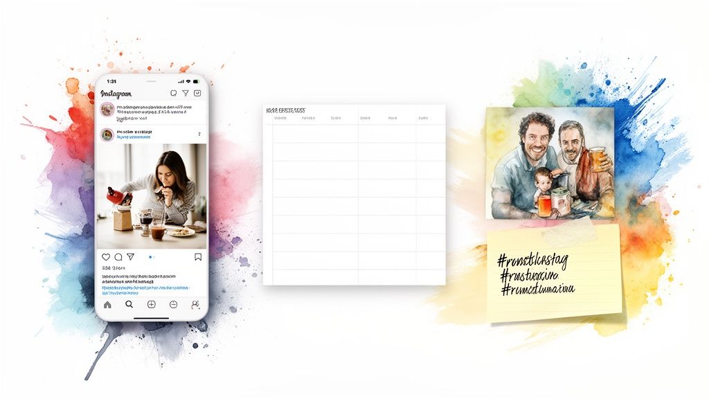 A creative collage featuring social media, a content planner, and a watercolor family illustration with branding hashtags.