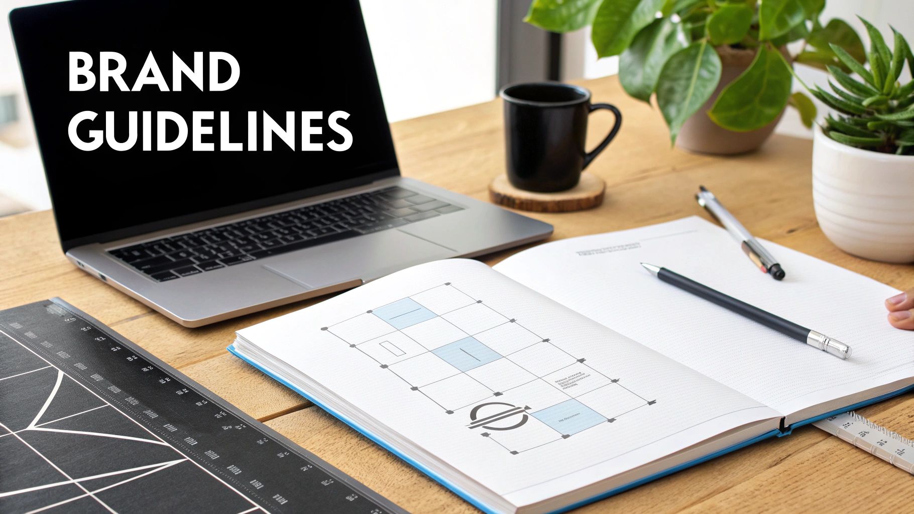 A modern design workspace featuring a laptop showing 'BRAND GUIDELINES' and a notebook with logo lockup examples.