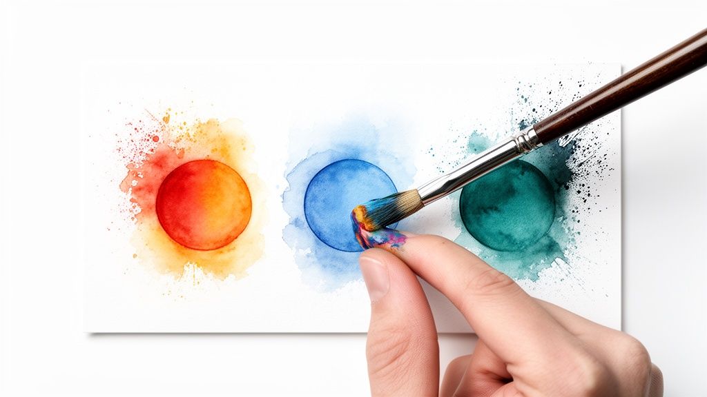 A hand uses a paintbrush to add blue watercolor to a circle on a white paper, next to red and green circles.