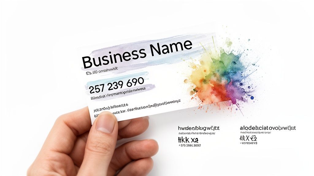 A hand holds a business card displaying 'Business Name' and a phone number with a vibrant watercolor splash design.