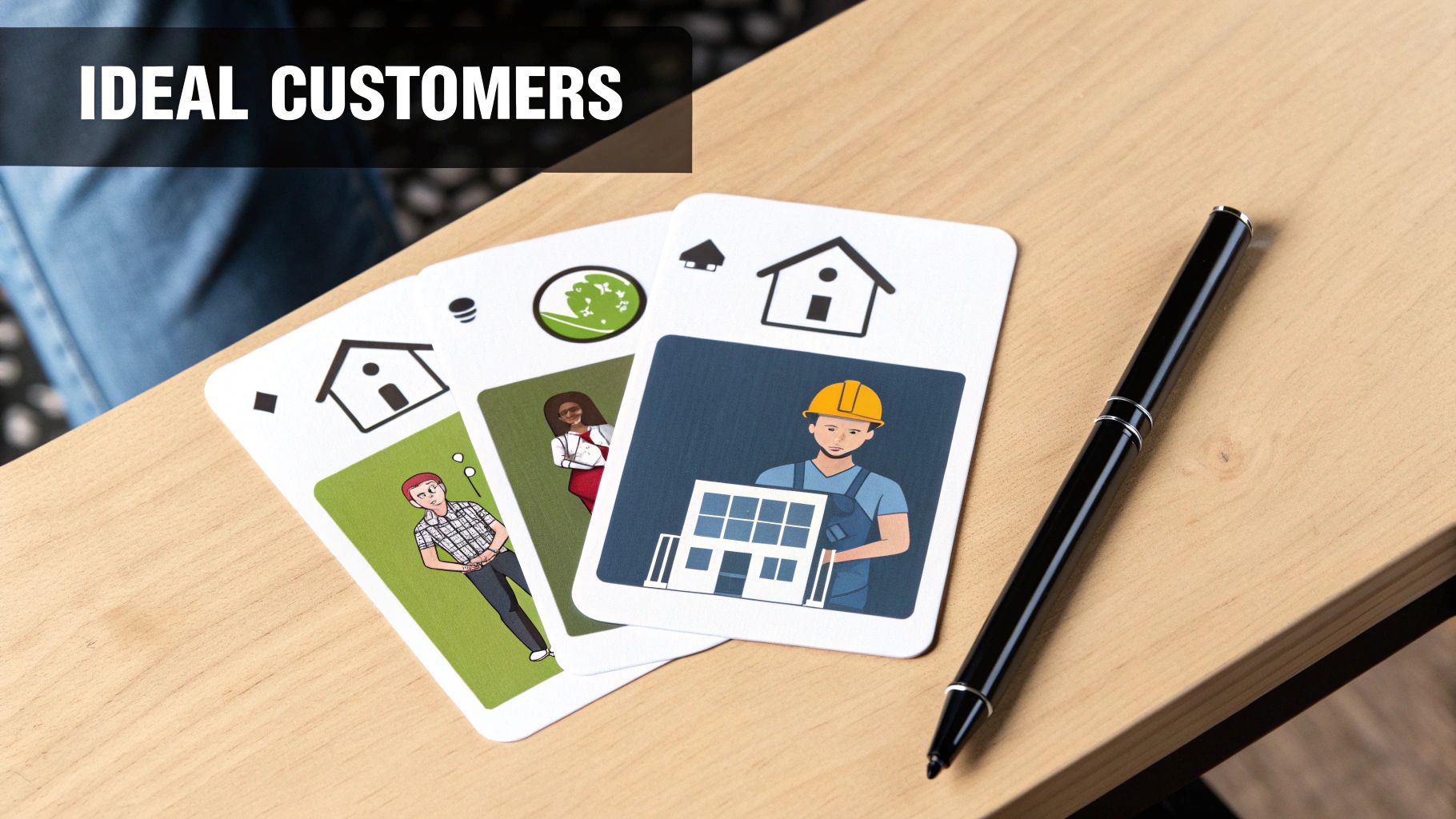 Tabletop view of game cards illustrating ideal customers and houses, with a pen.