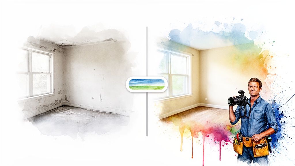 Before and after of a room renovation, with a smiling real estate photographer.