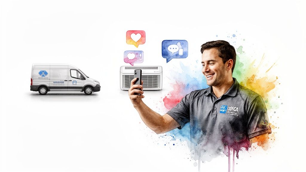 Smiling HVAC technician taking a photo with a smartphone, next to an AC unit, service van, and social media bubbles.