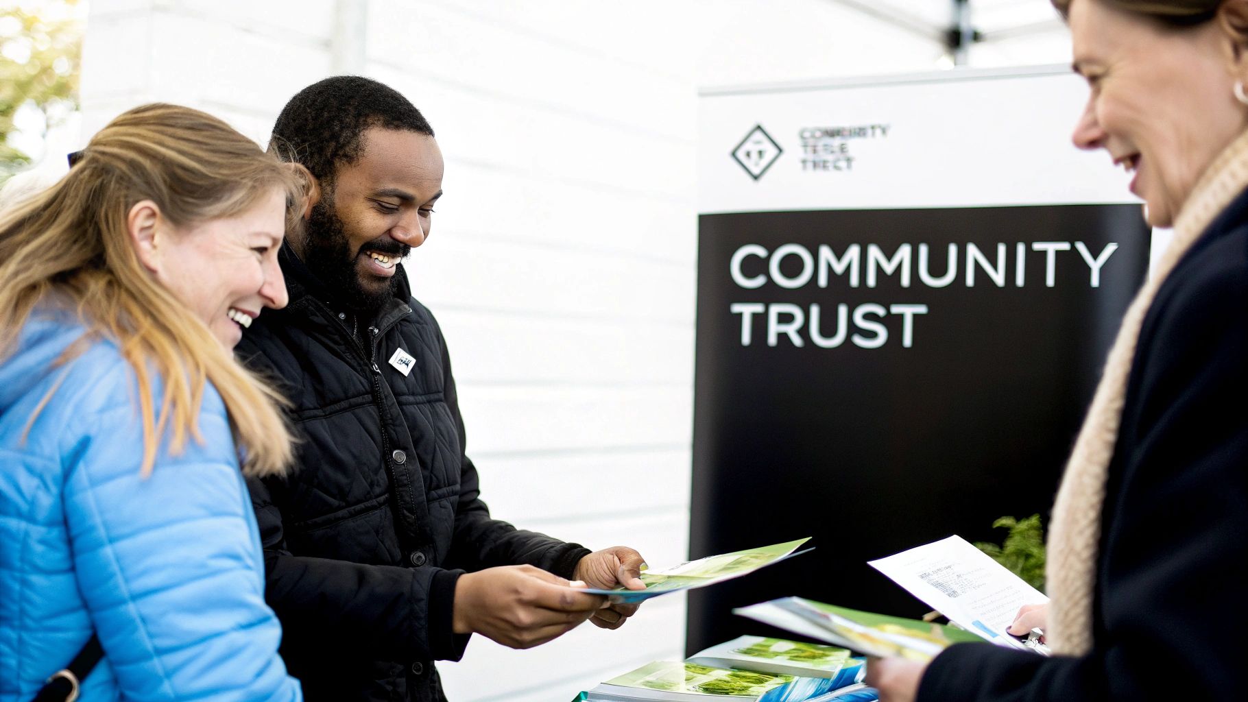 Three smiling individuals engaging and reviewing brochures at a Community Trust informational booth.