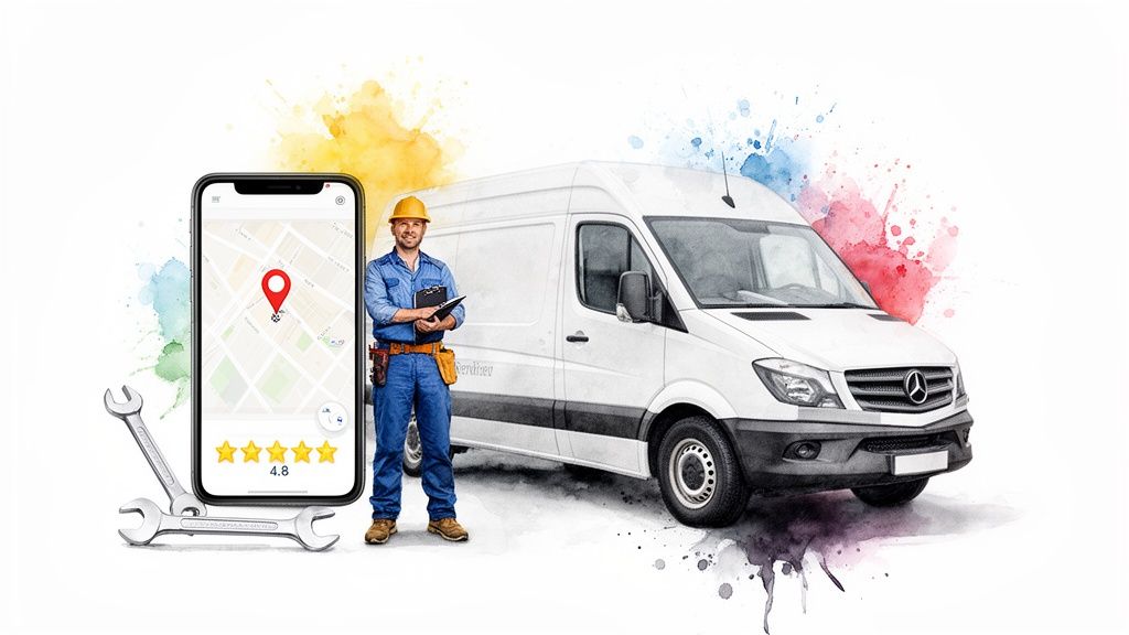 Happy contractor next to a service van with a mobile app displaying a map and high customer ratings.