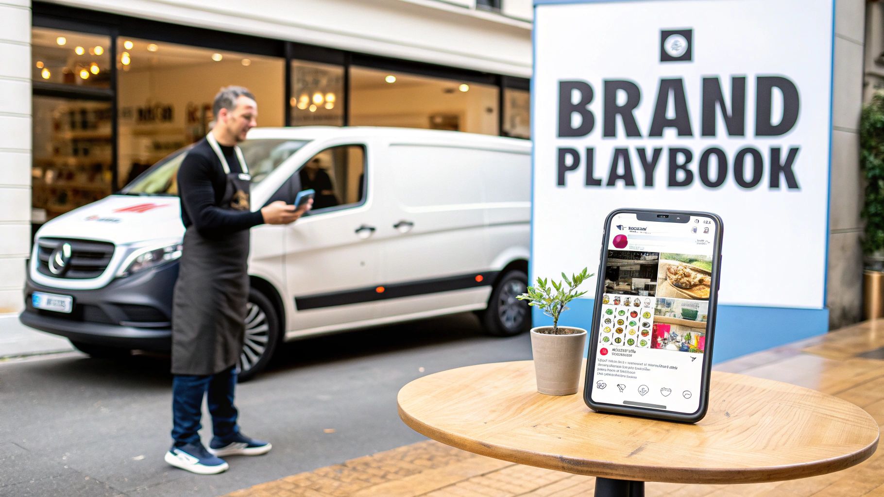 A delivery person checks a smartphone next to a white van, a 'Brand Playbook' sign, and another phone.