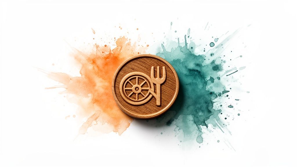 A rustic wooden emblem featuring a wagon wheel and fork, flanked by orange and teal watercolor splashes.