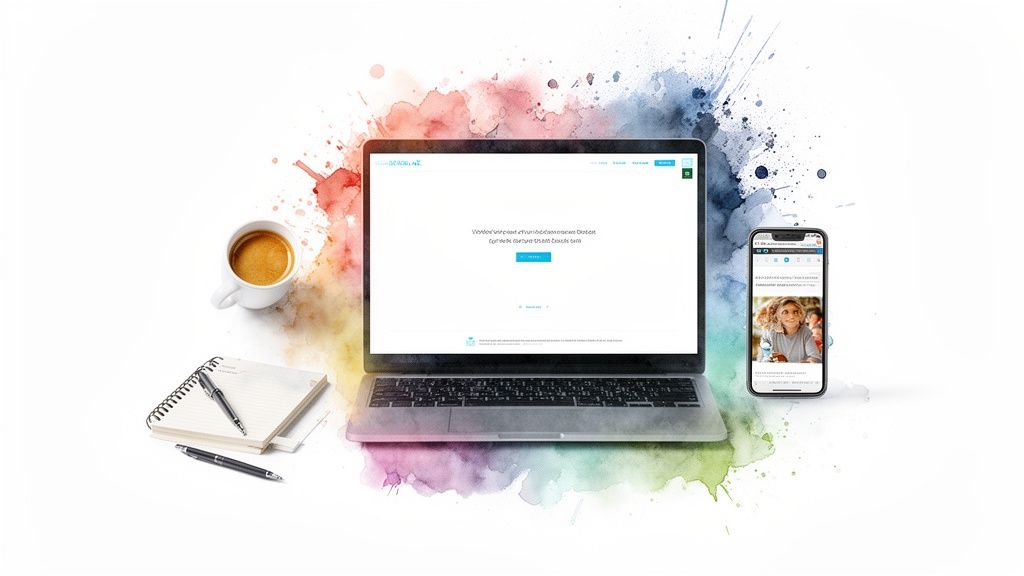 A modern digital workspace with a laptop, smartphone, coffee, and notebook on a white background with watercolor splashes.