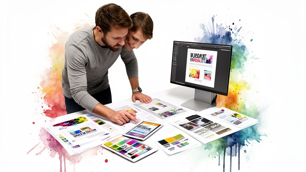 Two designers collaborate on print and digital layouts in a vibrant, creative studio workspace.