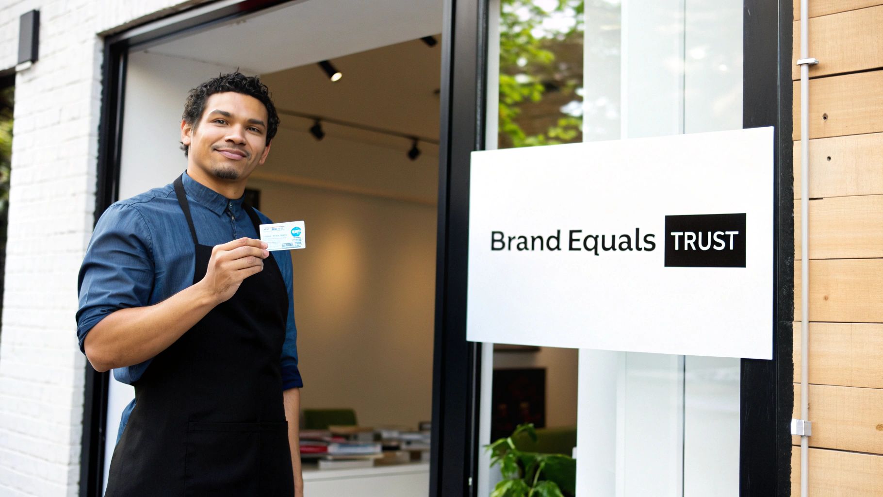 A smiling man in an apron holds a business card in front of a sign that reads 'Brand Equals Trust'.
