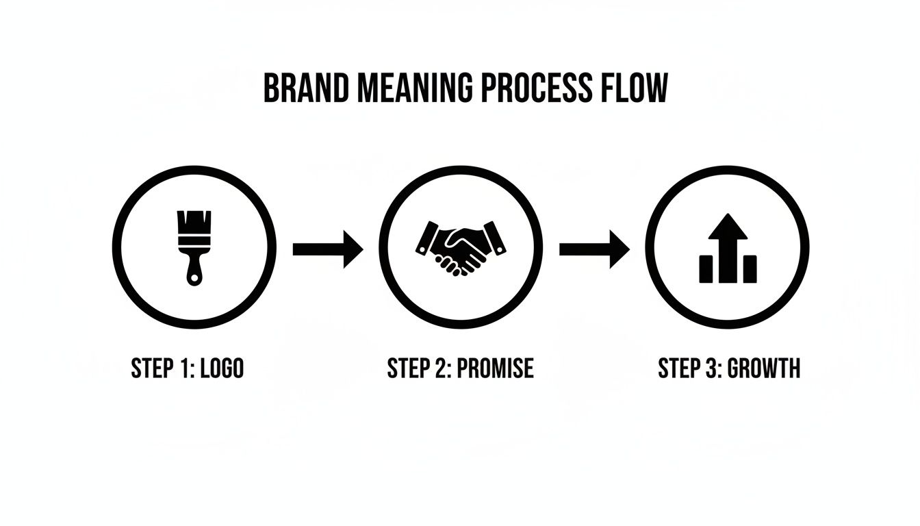A brand meaning process flow diagram showing three steps: Logo (paintbrush), Promise (handshake), and Growth (upward arrow).