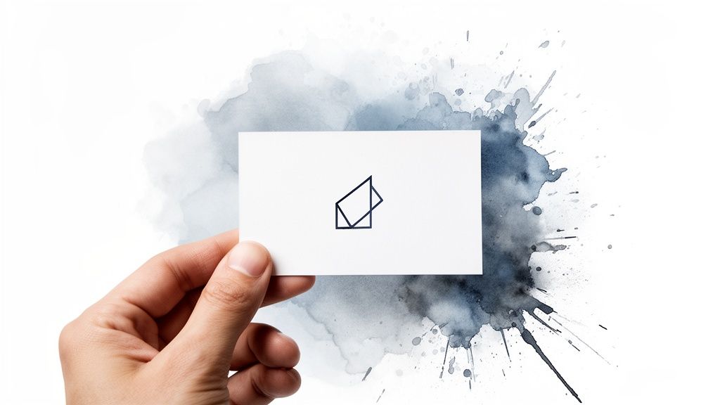A hand holds a white business card featuring a modern, geometric logo against a watercolor splash background.