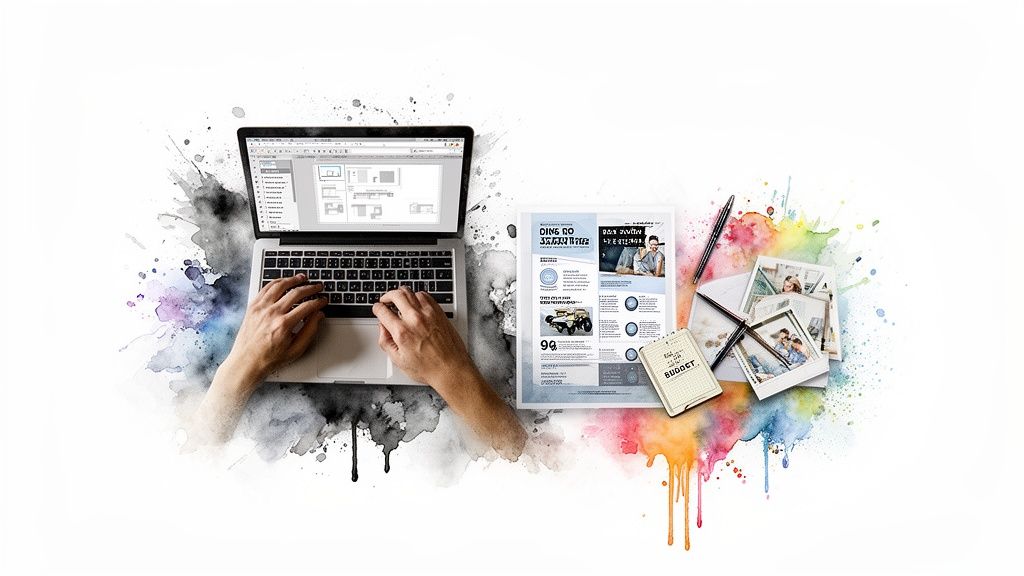Overhead view of hands typing on a laptop with design software, surrounded by creative documents, photos, and vibrant watercolor art.