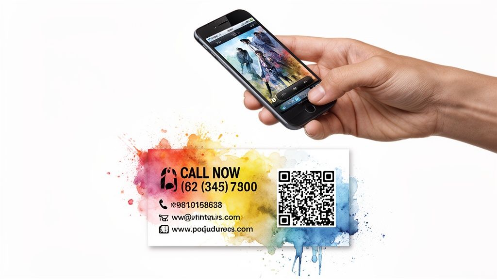 Hand holding a smartphone displaying an image, above a business card with contact information and a QR code on a colorful background.