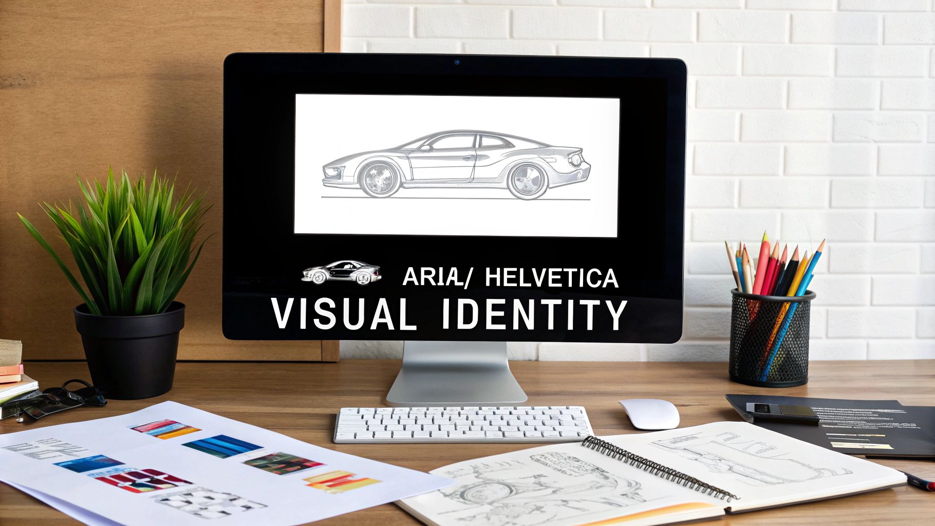 A modern workspace with a computer monitor displaying a car design and 'VISUAL IDENTITY' text.