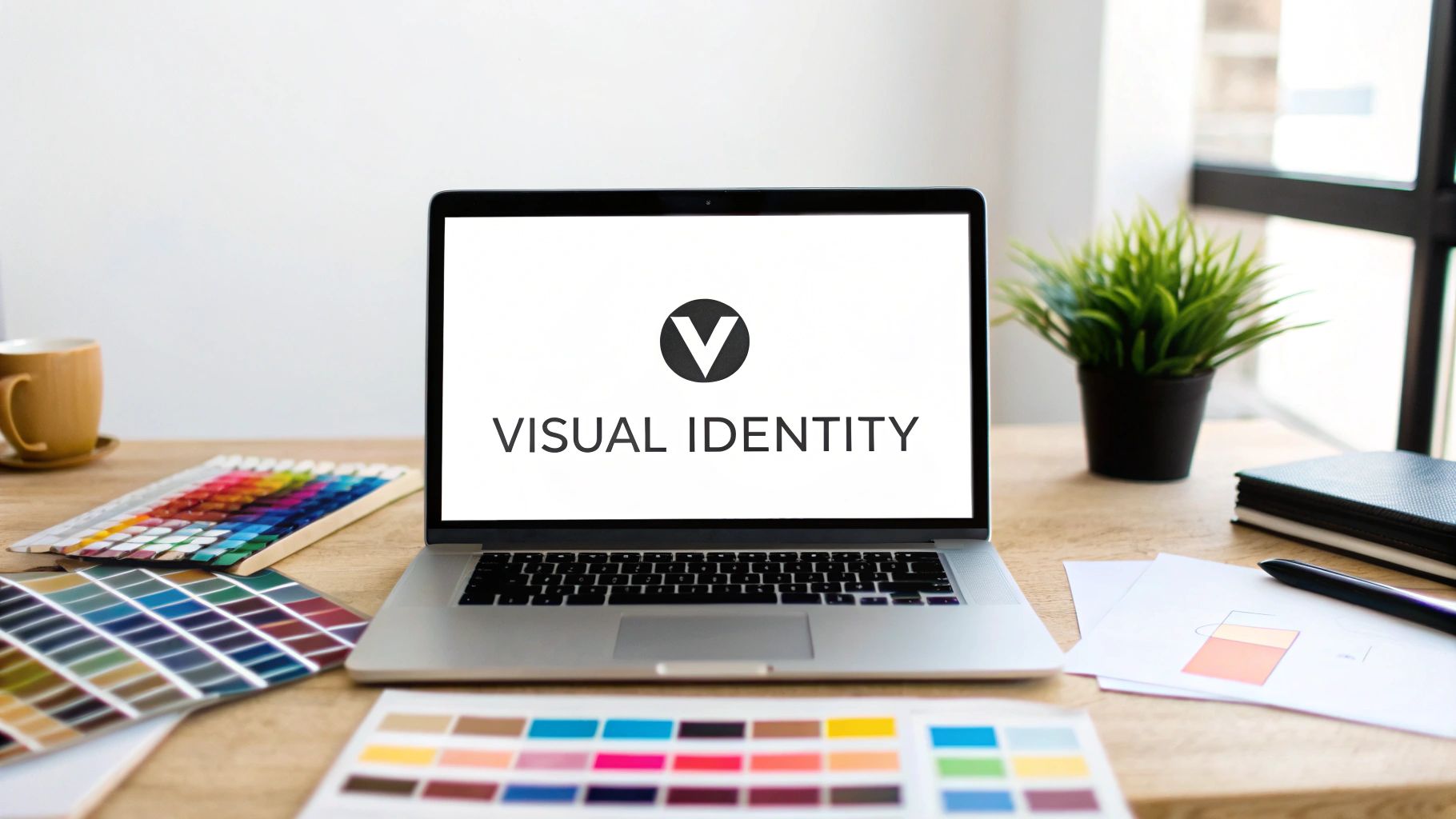 A graphic designer's desk with a laptop displaying 'VISUAL IDENTITY', color swatches, and a coffee mug.