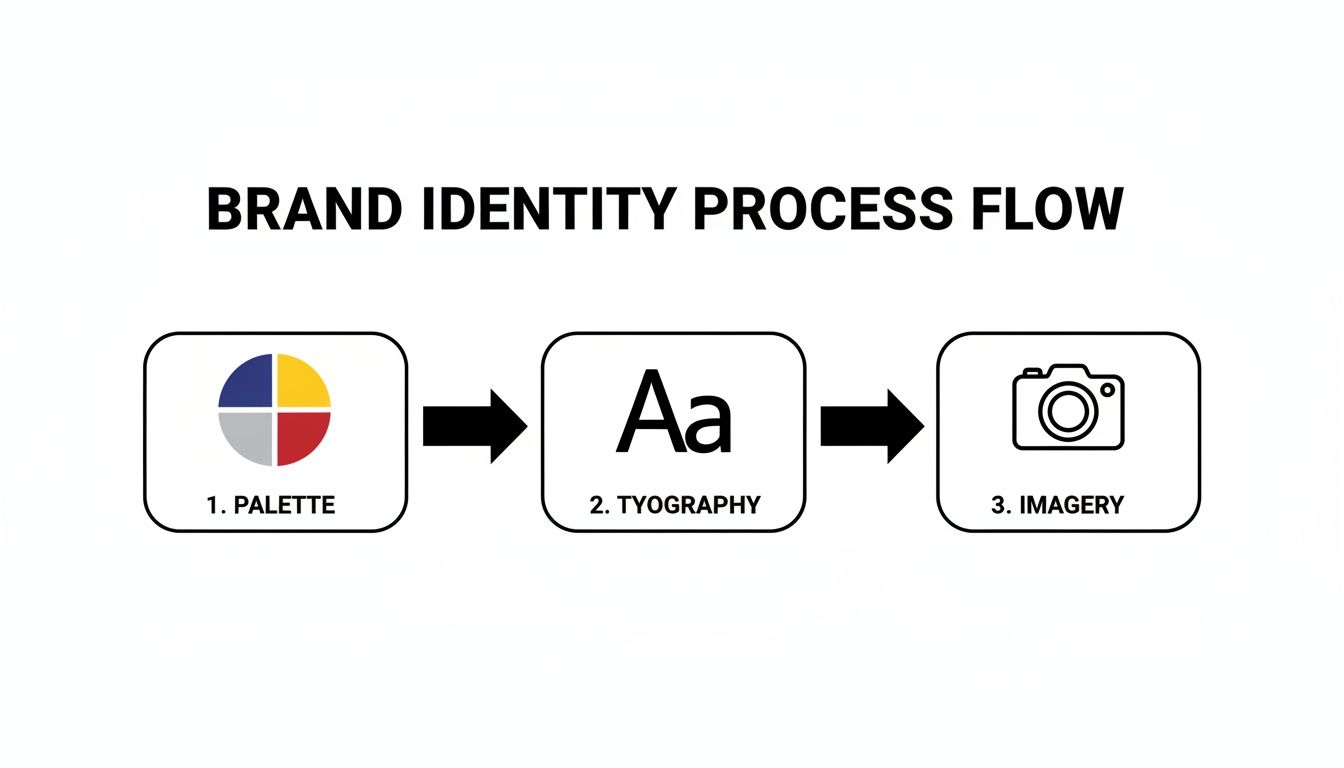 Flowchart illustrating the brand identity process with steps: palette, typography, and imagery.