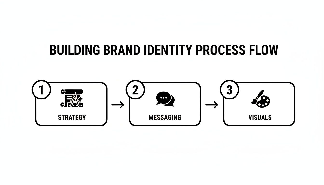 A process flow diagram showing three steps for building brand identity: Strategy, Messaging, and Visuals.
