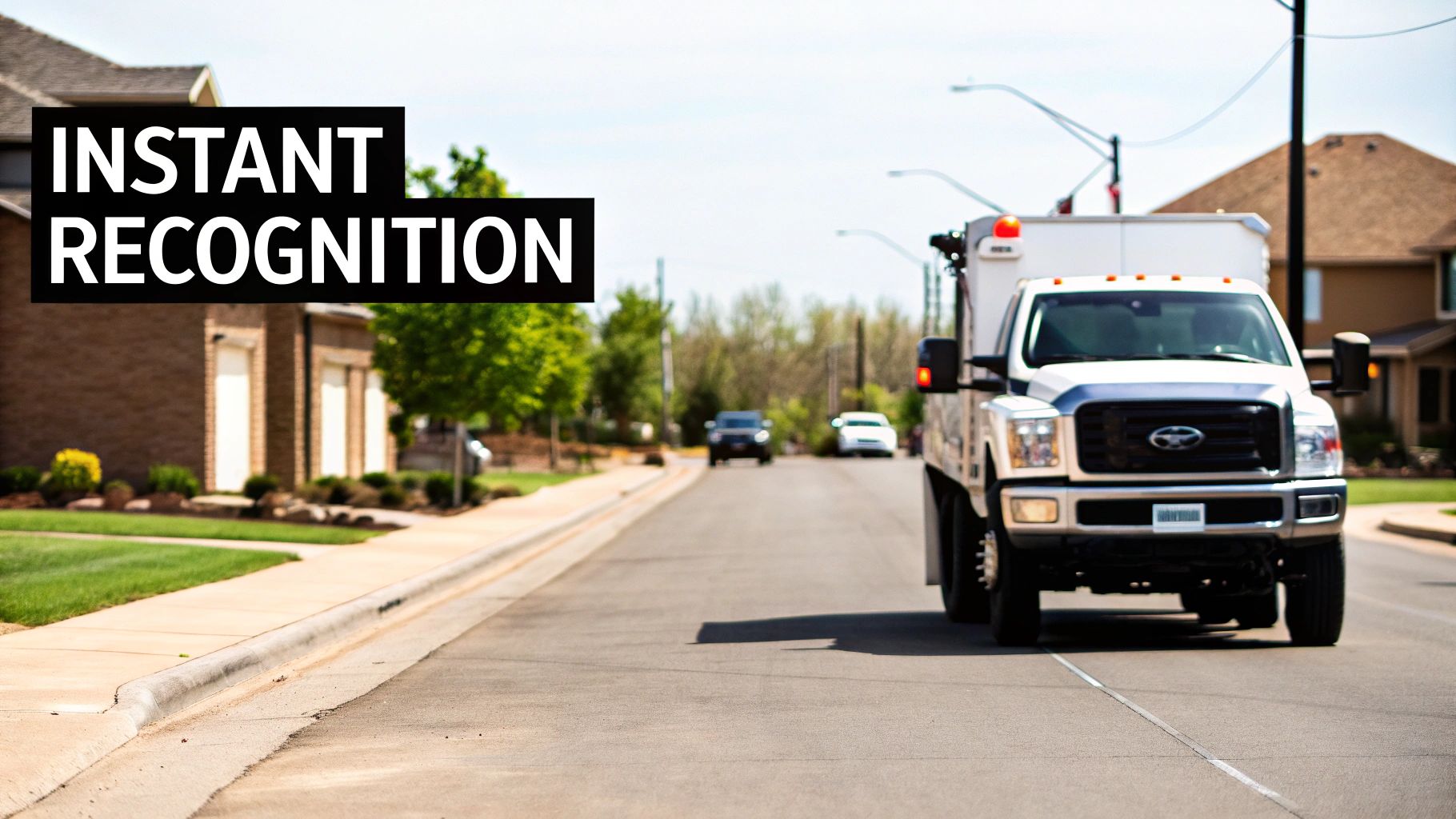 A service truck with a blue stripe drives down a suburban street with houses and trees, featuring 'INSTANT RECOGNITION' text.