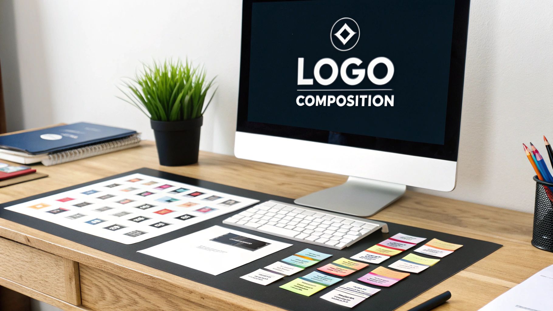A creative workspace with a computer displaying 'LOGO COMPOSITION', logo variations, and business card designs.