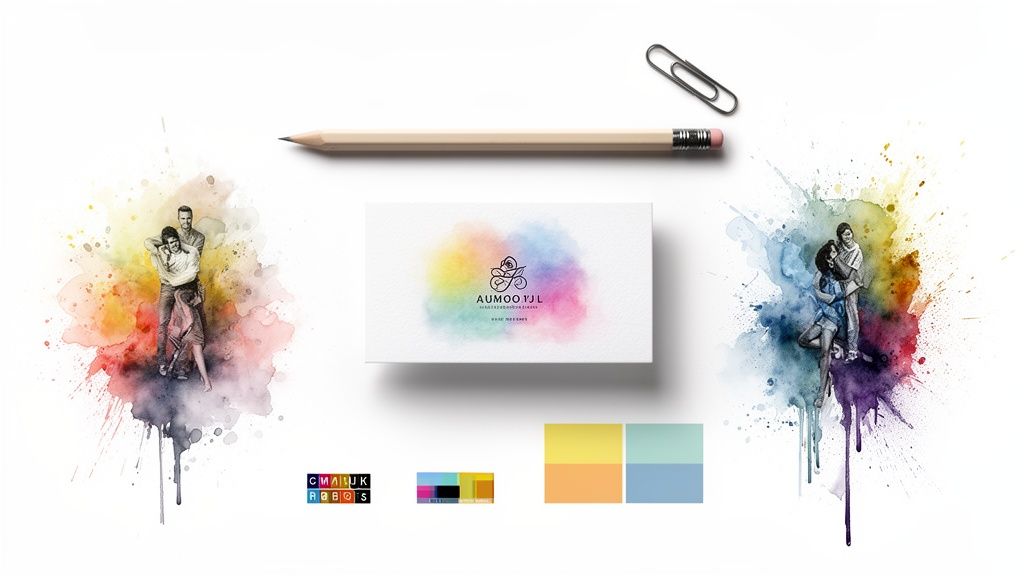 A branding mock-up featuring a business card with watercolor art, pencil, paperclip, and illustrations.